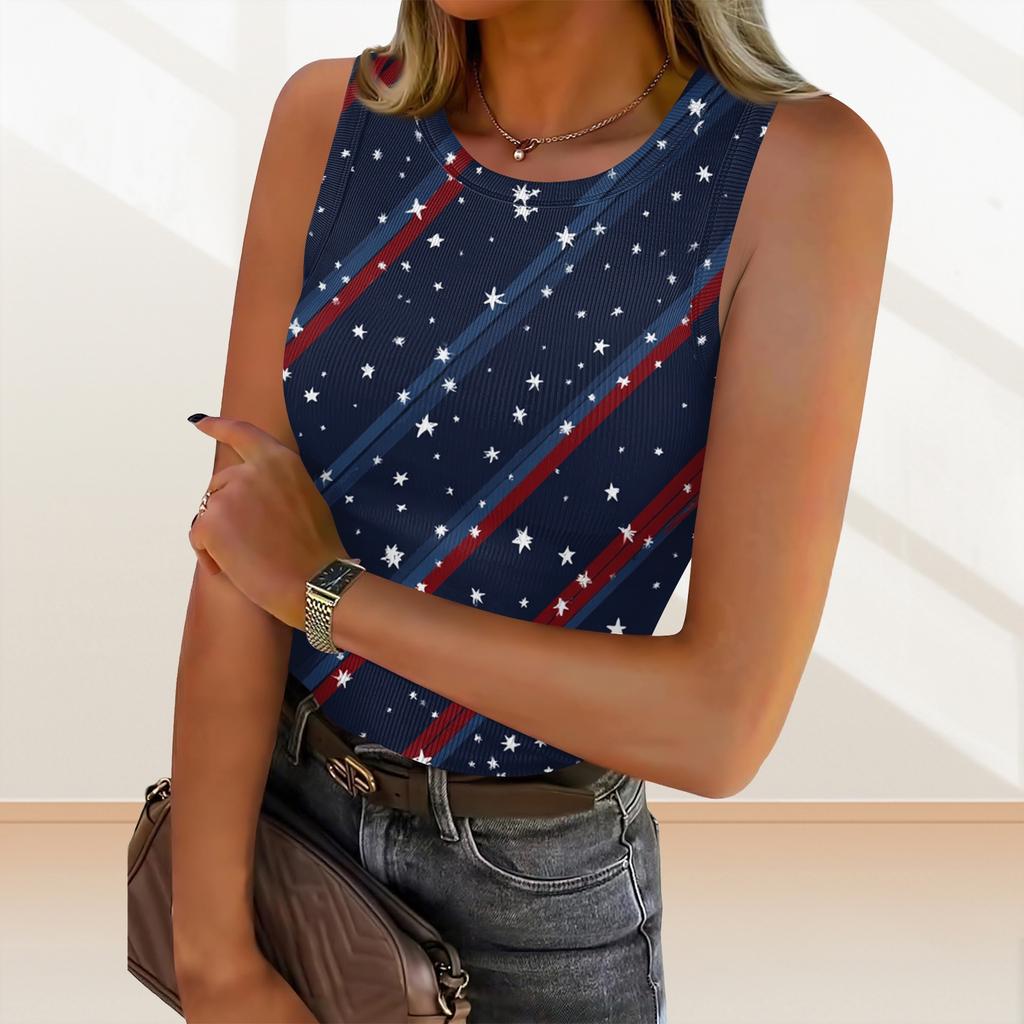 Women's Summer Fashionable Casual Independence Day Printed Round Neck Sleeveless Top Fitted Vest