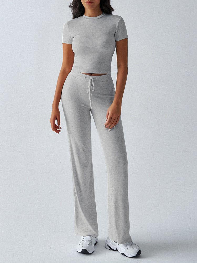 2025 European & American Women's Spring/Summer Solid Color Round Neck Set - Short Sleeve Top & Long Pants