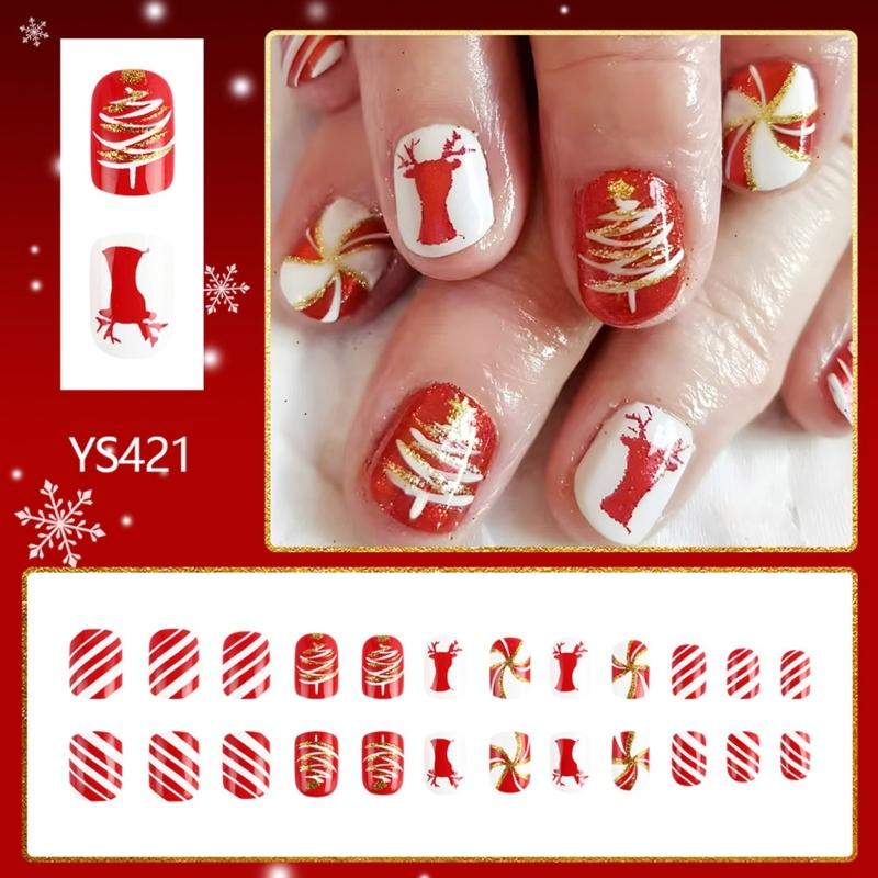 Christmas Short Square False Acrylic Nails with Elk Snowflake Designs and Winter Artificial Nail Art for Women and Girls