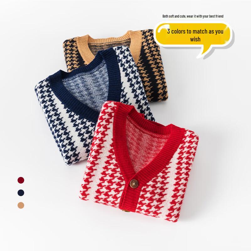 Hengyuanxiang Kids' Pure Wool Plaid V-Neck Cardigan
