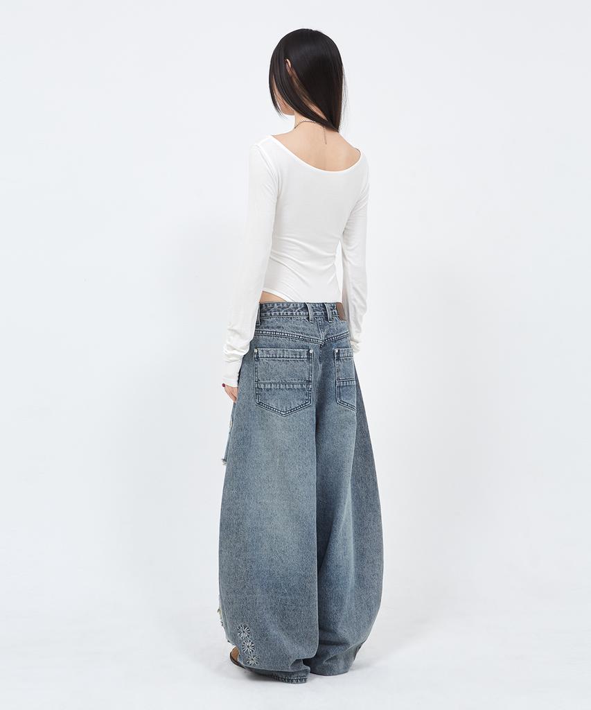 Sekeondeusolteu Balloon Damaged Denim Pants (Vintage Blue)