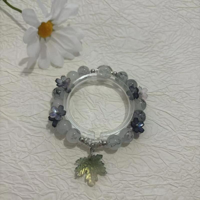 Crystal Beaded Bracelet Cute Leaf Pendant Lucky Blessing Hand Chain Fashion Accessory for Girls Daily Outfit