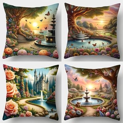 Dream Garden Single-sided Printed Pillowcase, Sofa Living Room Fairy Tale Cushion Cover, Bedroom Bedside Romantic Pillow Cover
