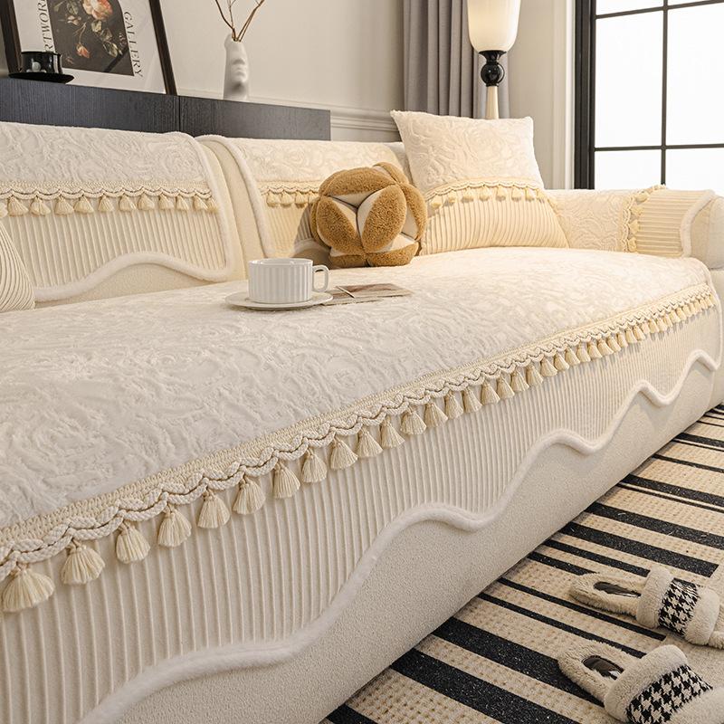 3D Rose Velvet Sofa Cushion Winter Thick Anti Slip Sofa Cover Towel Light Luxury One-piece Splicing Tassels Modular Sofa Cover