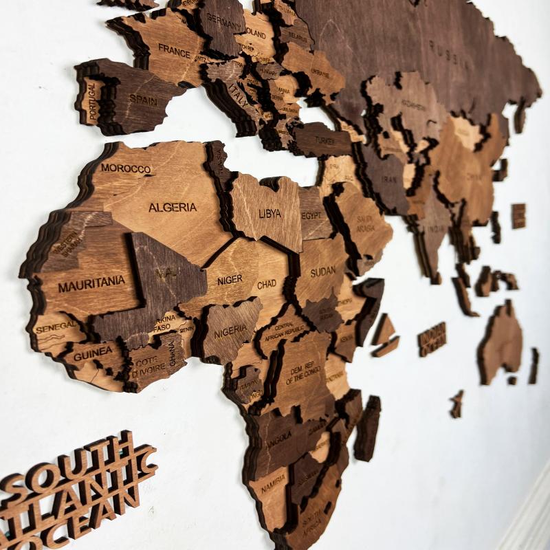 3D Wooden World Map – Handmade Wall Art For Home & Office Decor - Dark Brown
