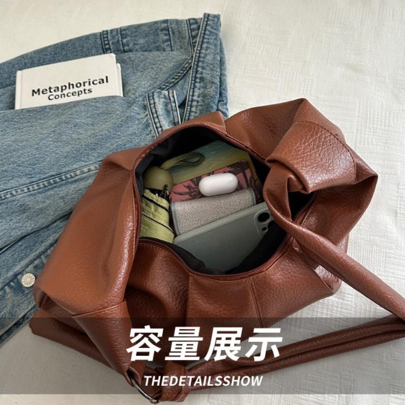 Vintage Pleated Design Women PU Shoulder Hobos Bags Solid Color Versatile Ladies Crossbody Bag Large Capacity Female Casual Tote