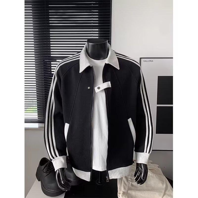 Men's Striped Varsity Jacket Color Block Zip Up Sweatshirt Couple Coat
