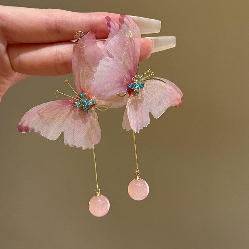 Silver Needle Pink Chiffon Flower Fringed Stud Earrings Small Fresh and Sweet Vacation Style Earrings Light Luxury High-end Earrings Women