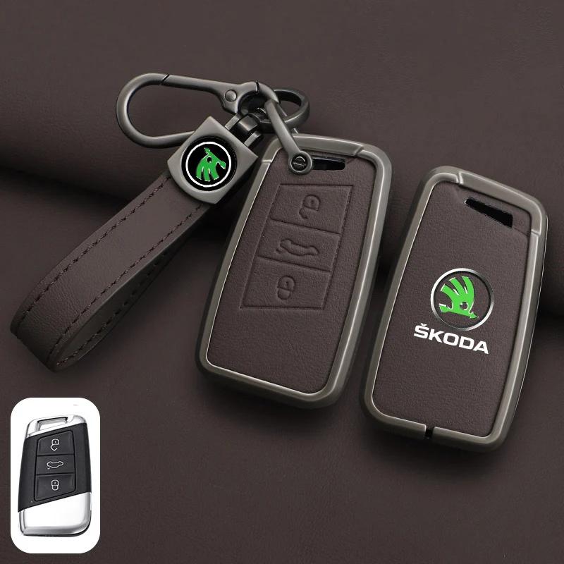 AFK1 Leather Car Remote Key Case Full Cover Protector Holder Shell Fob For Skoda Superb A7 Kodiaq Octavia A7 A8 Keychain Accessories