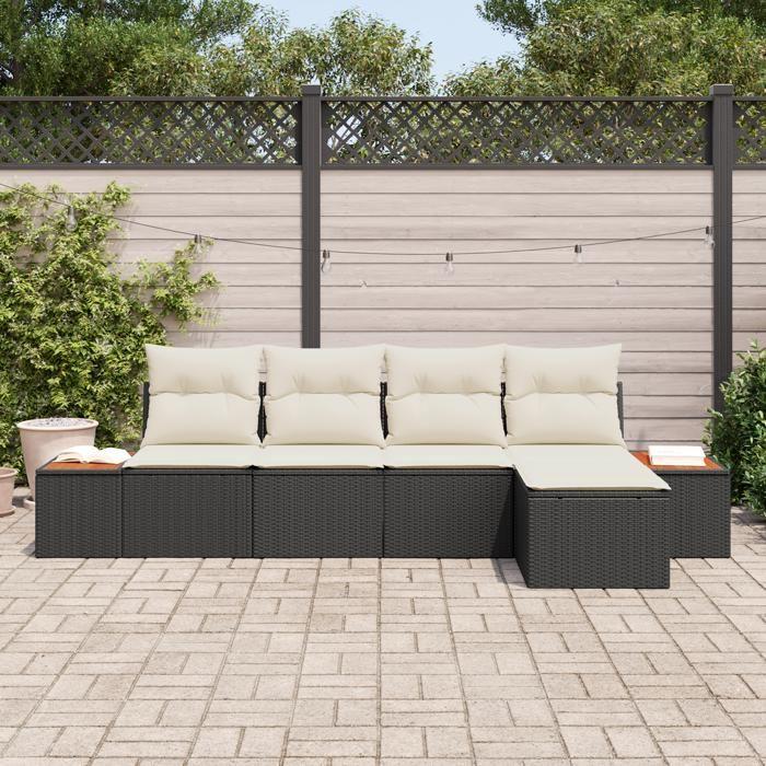 VidaXL Ensemble de Canapés de Jardin 5 Pièces avec Coussins Noir Poly Rattan Acacia 3348063