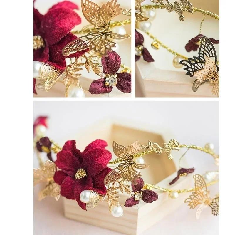 New Chinese Elegant Red Flower with Pearl Bride Wedding Headwear Retro Handmade Flower Ring Crown Performance Photo Accessories