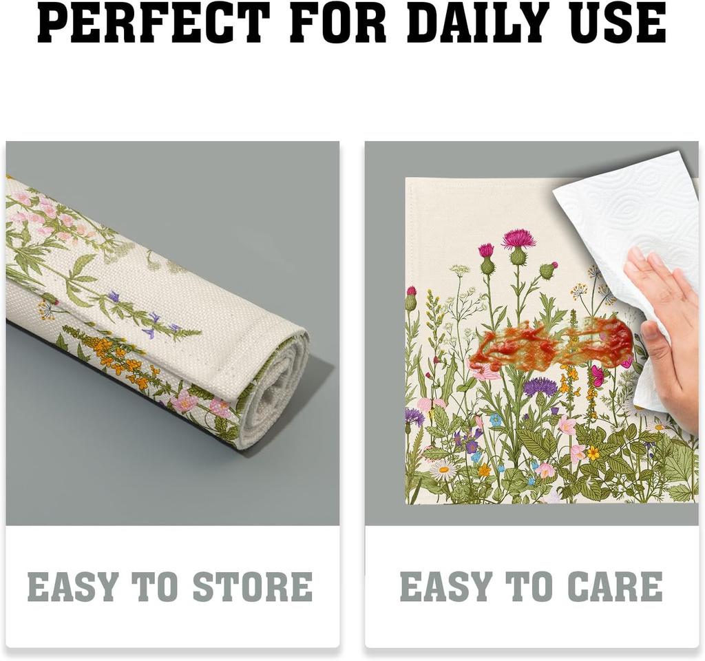 Spring Summer Floral Placemats Set of 4 18x12 Inch Antique Herbs and Wild Flowers Linen Place Mat Wipeable Wildflower Table Mat