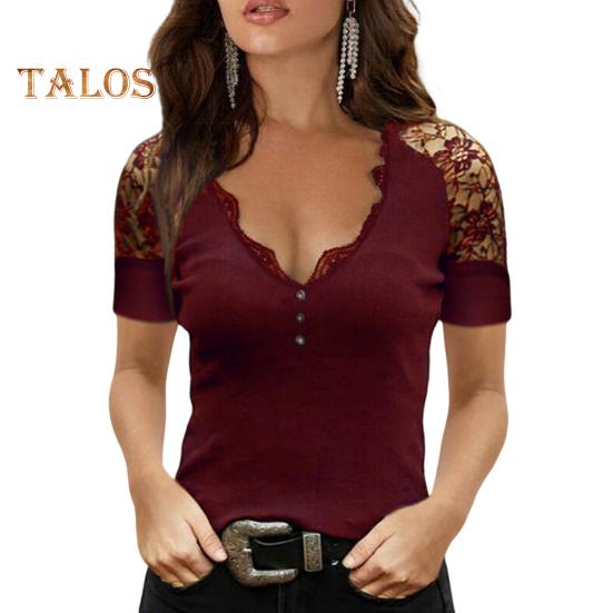 

Женские летние топы с v-образным вырезом, полые кружевные футболки с короткими рукавами, облегающие однотонные пуловеры, топы, уличная одежда 2XL вино красного