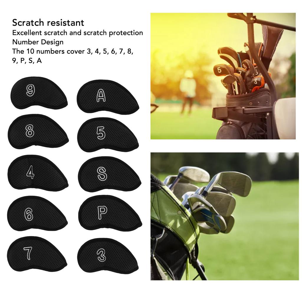 10 PCS Golf Club Head Covers Golf Iron Pole Net Cover Club Protective Head Covers with Numbers Black