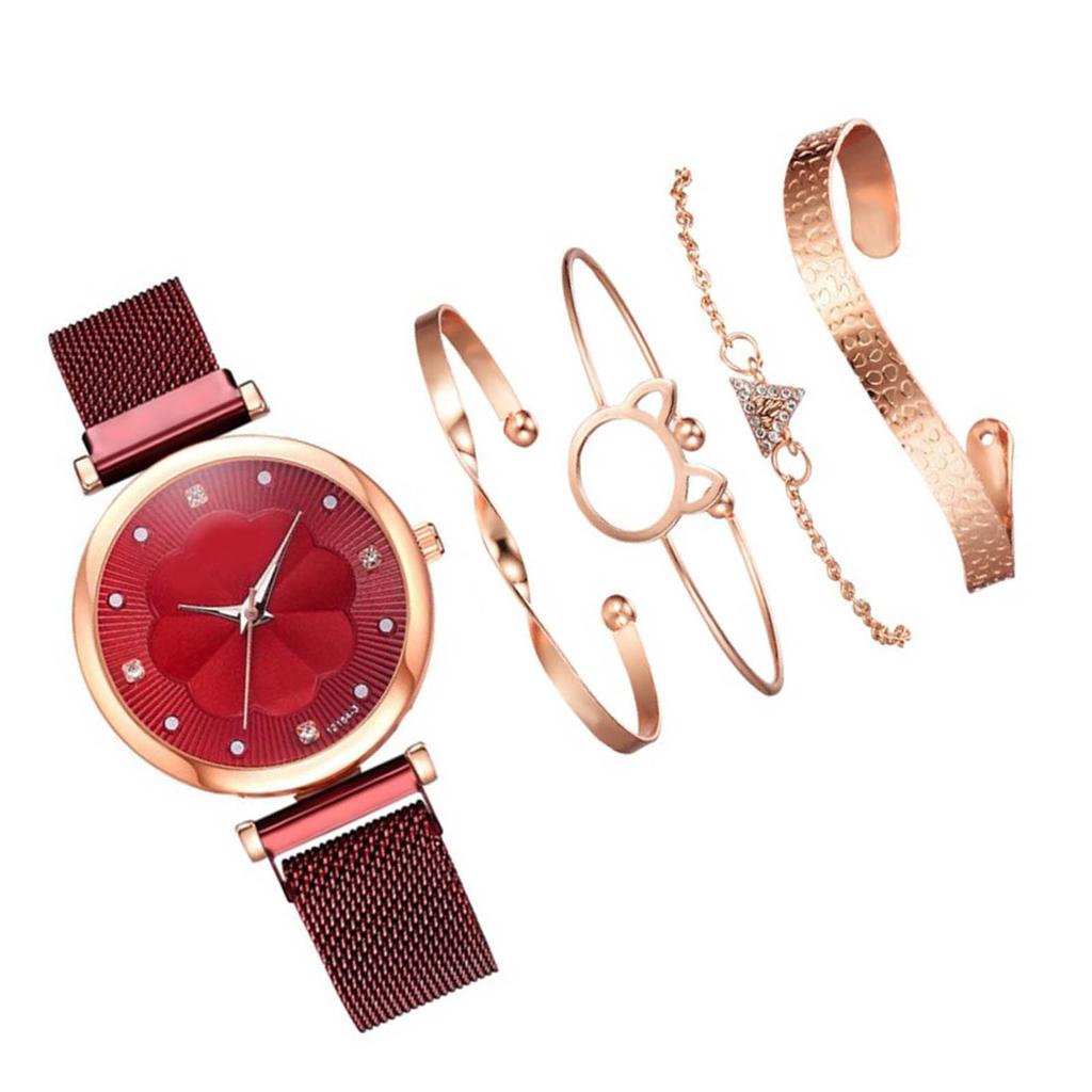 5pcs Bangle Watch Set Quartz Alloy Elegent High Glossy Daily Accessories Jewelry Set with Storage