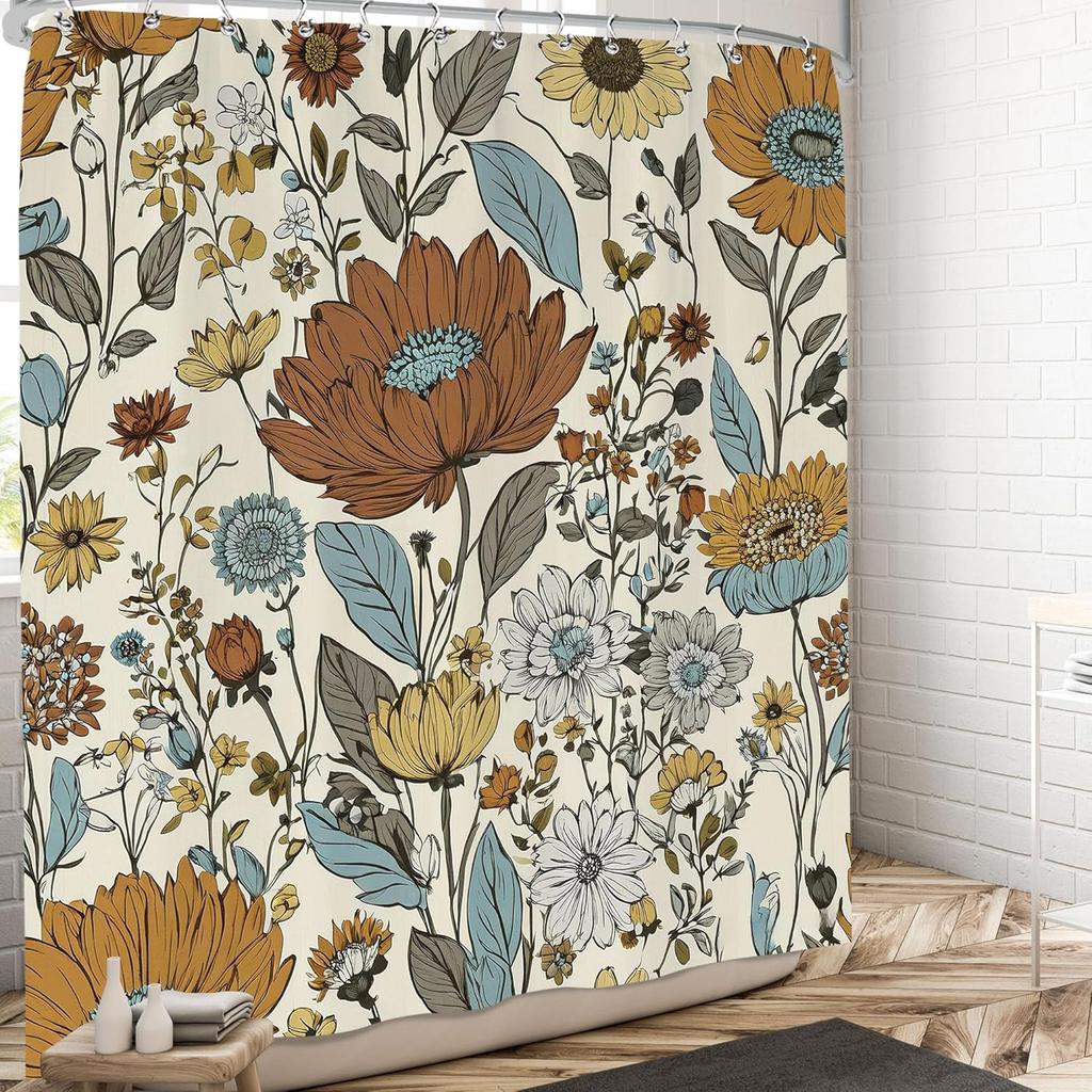 Boho Floral Shower Curtain 72x72 Inch Vintage Bohemian Flower Botanical Leaves Shower Curtain Set for Bathroom Retro Rustic Wate