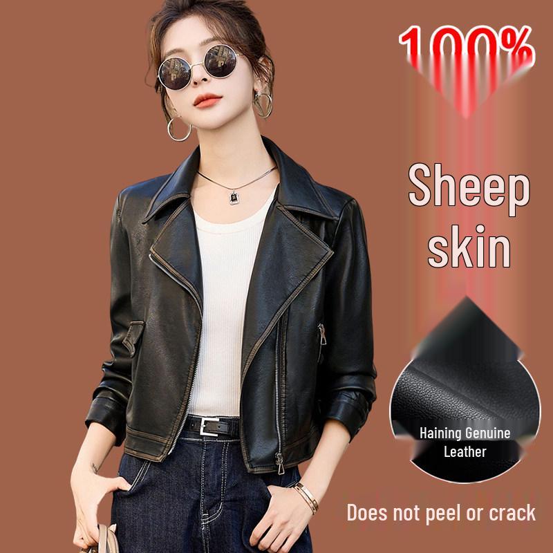 Women s Petite Lambskin Leather Jacket - New 2026 Spring/Autumn Short Style L чёрный