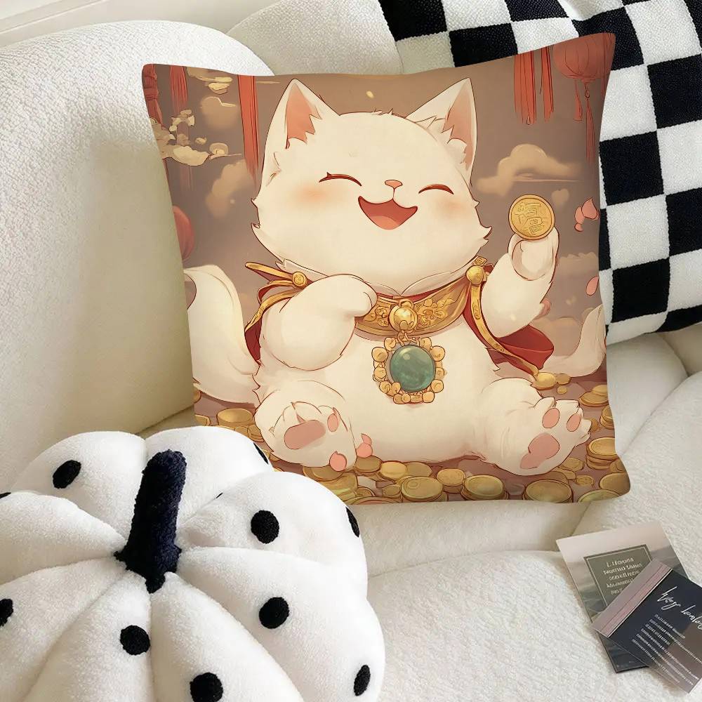 Cute Lucky Cat Pillow Case Fashion Square Pillowcase Bedroom Sofa Room Ins Decoration Leisure