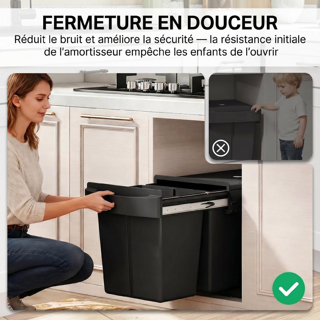Sliding Under-Sink Waste Bin, 2 x 20 L, Removable Buckets, 52 x 33.5 x 41 cm, Black
