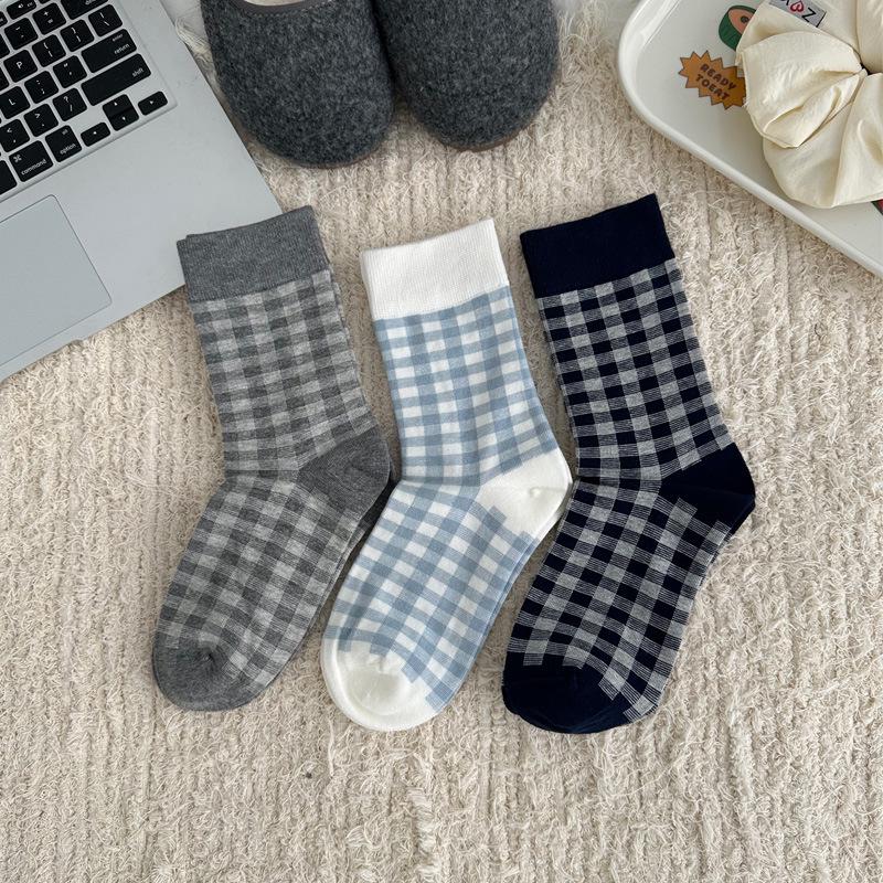 Korean Style Blue & White Plaid Mid-Calf Socks for Women - Academy Style, Perfect for Spring & Autumn, Ideal with Small Leather Shoes