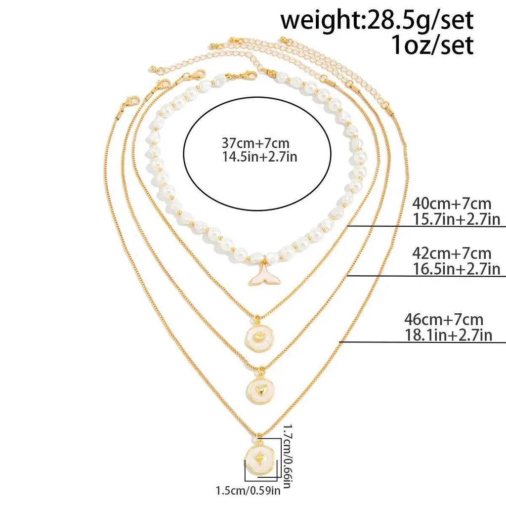 IngeSight.Z 4 Stück Imitation Perle Fischschwanz Anhänger Halskette Set Damen Trendig Exquisit Mehrschichtig Schlüsselbein Kette Damen Schmuck
