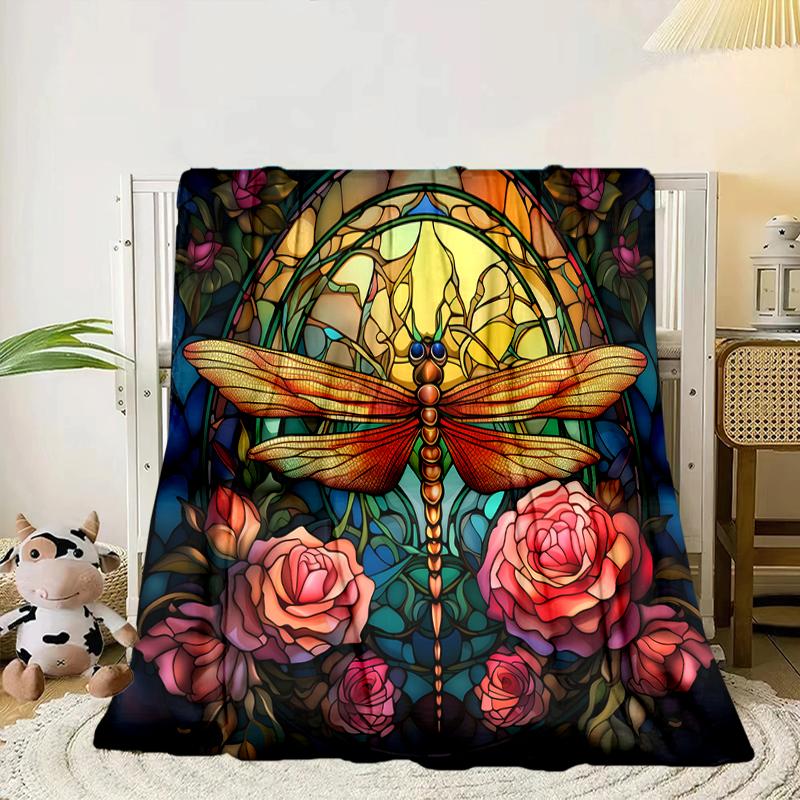 Stained Glass Dragonfly Garden Blanket Flannel Blanket for bed, sofa, Camping, Hiking, Picnic Essentials, gift for family Fan gifts