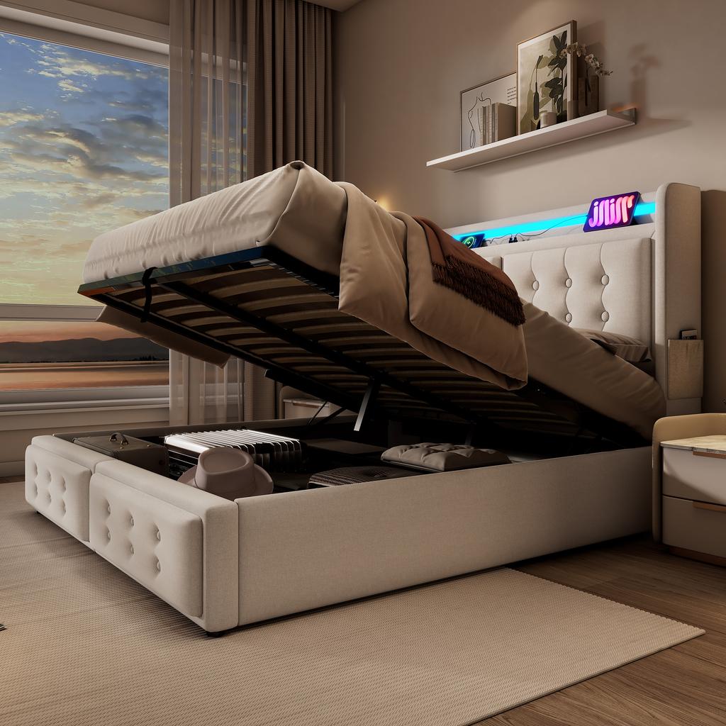 Upholstered Bed 140x200, Double Bed with LED Headboard and USB C Charging, Hydraulic Wooden Slatted Base, 300 kg, Beige, Cotton (Without Mattress)