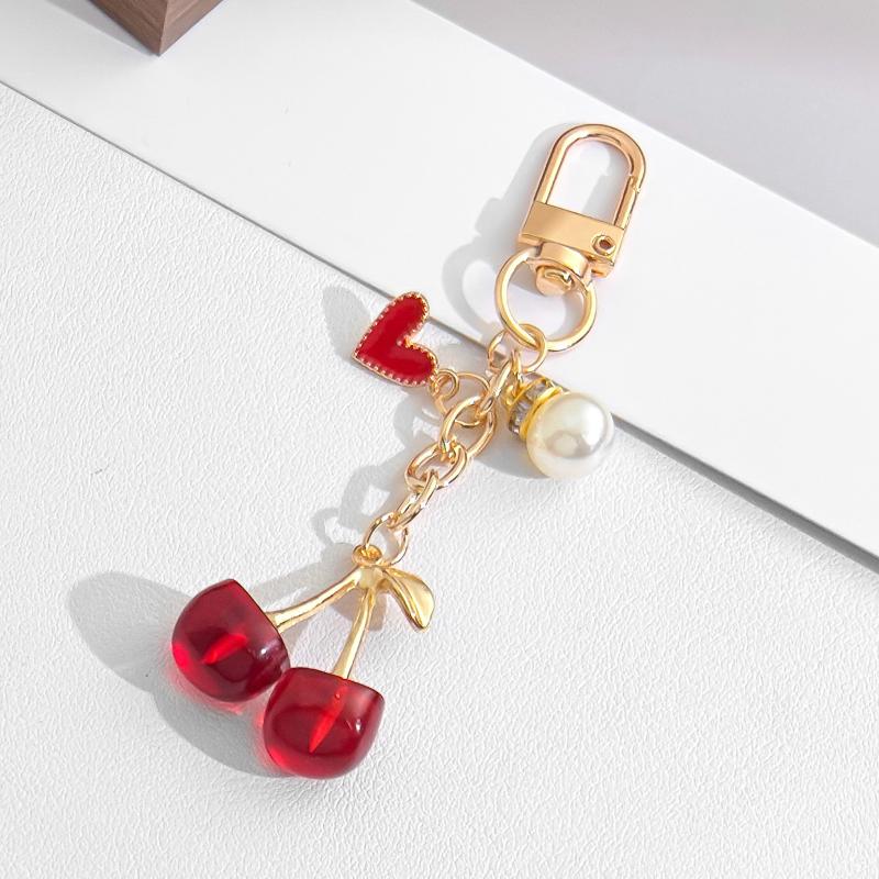 Cute Cherry Keychain With Pearl And Heart Charm Resin Fruit Pendant Bag Accessory For Women Girls