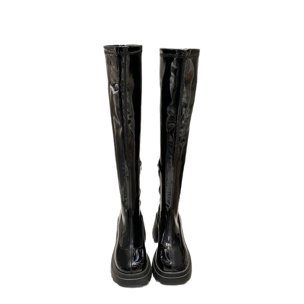 Black Boots Women's Autumn Thick-soled Elastic Boots Waterproof Table High Boots Patent Leather High-heeled Boots Thick Heel Thin Boots