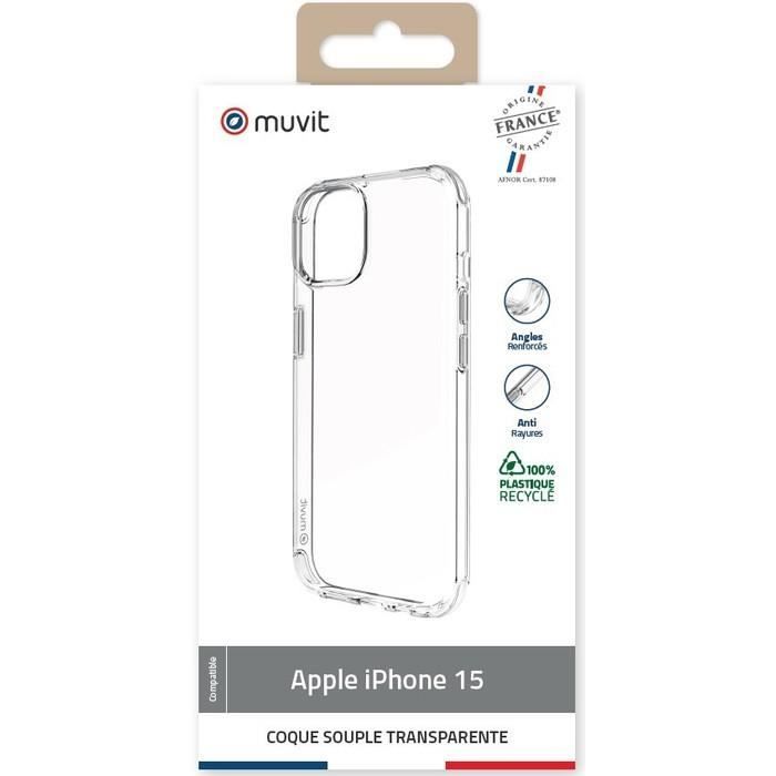 Coque de téléphone - muvit - iphone 15 - transparente - protection chocs - anti-rayures