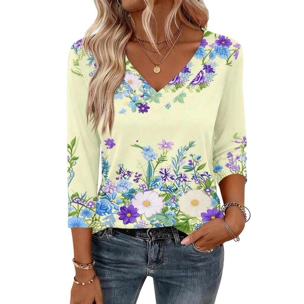 Damenoberteile mit 3/4-Ärmeln V-Ausschnitt Hemd Lässige Bluse Basic T-Shirts