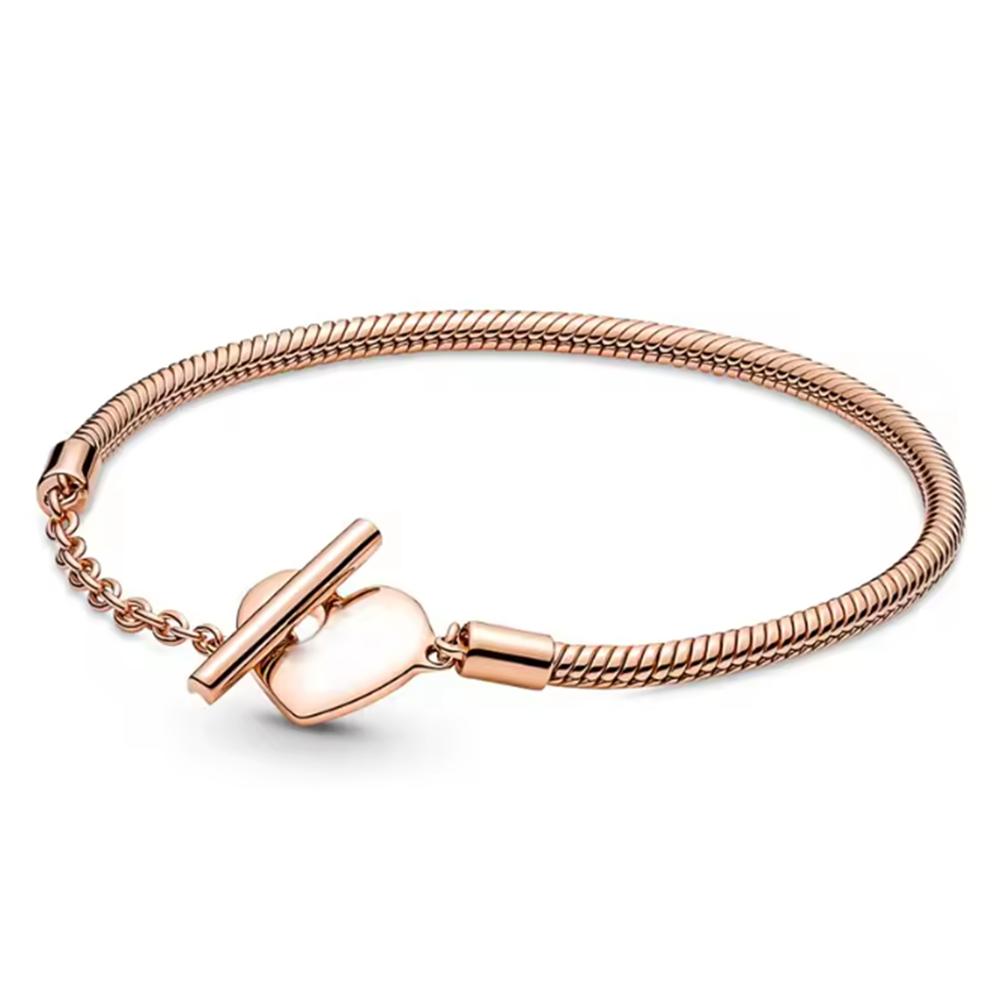 925 Silver Women's Bracelet with Heart T-shaped Buckle and Adjustable Bracelet, Fashionable DIY Jewelry Gift