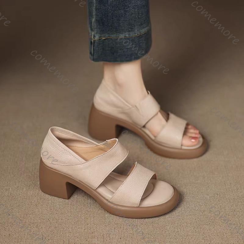 Fashion Comemore Retro Thick Bottom Sandals for Women Apricot Soft Leather 6cm Chunky High Heels Female Shoes Peep Toe Heeled Sandales
