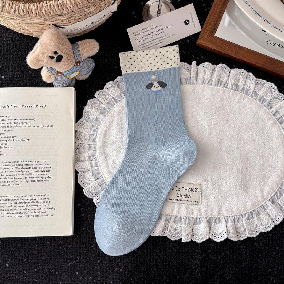 Korean Blue-Grey Mid-Calf Combed Cotton Women's Socks - Trendy Japanese Cute Puppy Design