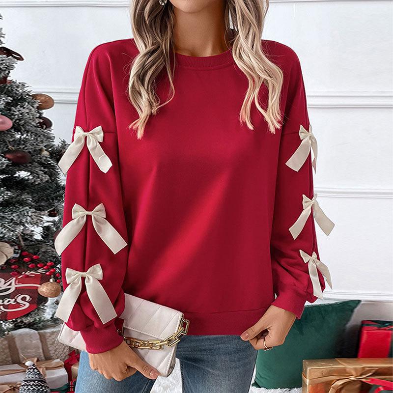 2026 Autumn/Winter Women's Solid Color Bow Long Sleeve Round Neck Hoodie for Christmas