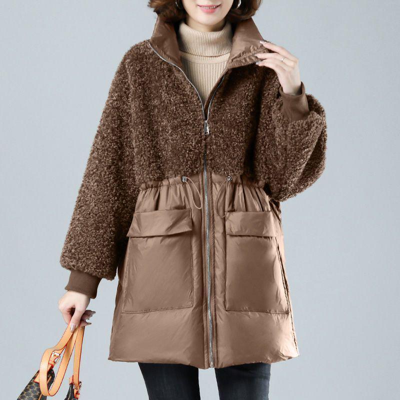 

Women s Mid-Length Winter Lamb Wool & Cotton-Blend Jacket - Loose, Plus Size for Middle-Aged Women 2XL (130-145 jin)