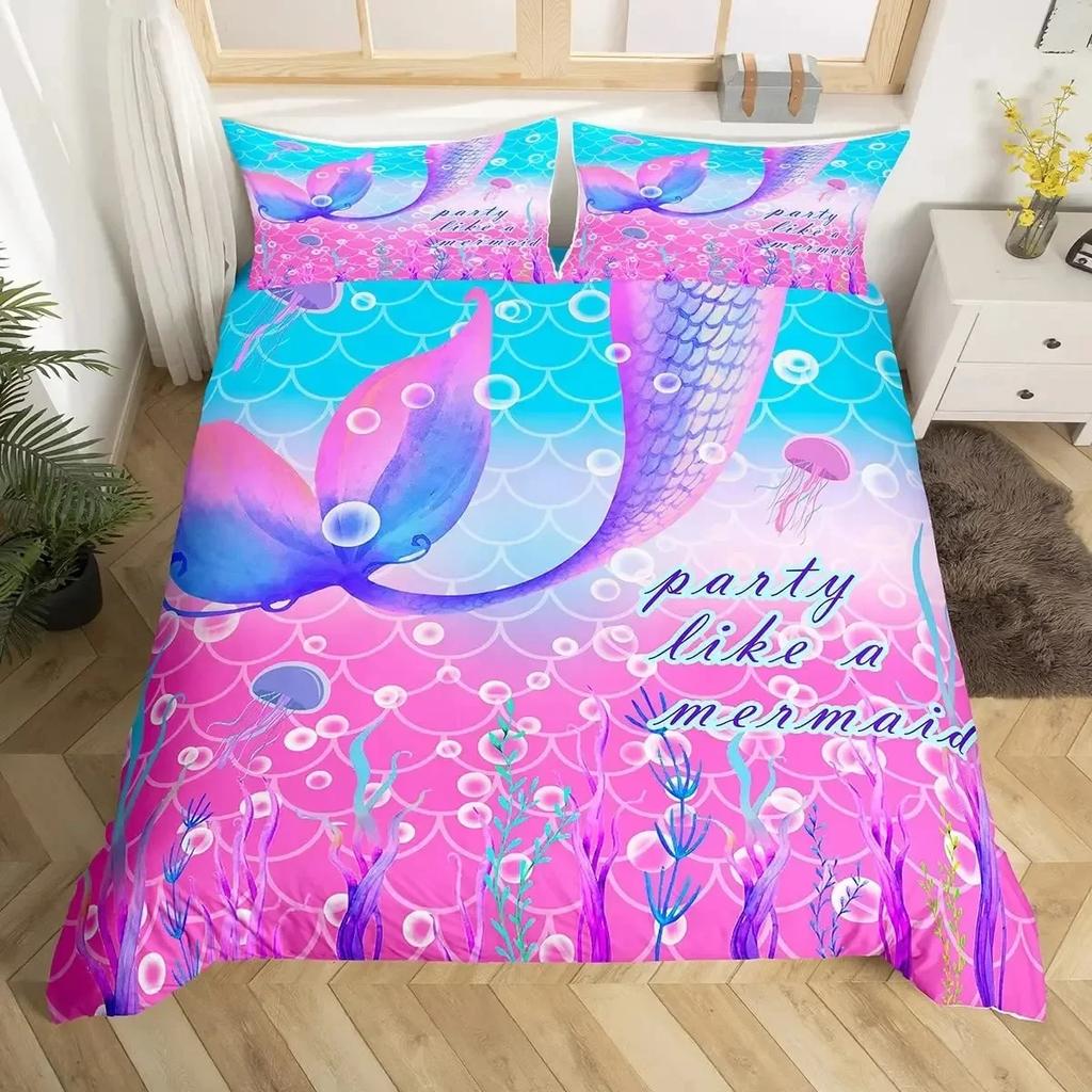 Mermaid Tail Fish Scales Girly Shell Starfish Comfortable Duvet Quilt Cover Pillowcase Bedding Set Children Bedroom Home Textile