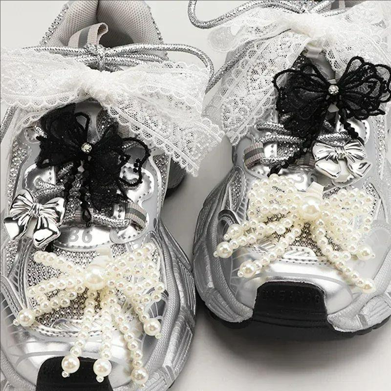 Lace Pearl Bow Shoe Shoelaces Charms for Sneakers Decorative Shoe Flower Buckle Decorative Shoe Fashion Charm Accessories