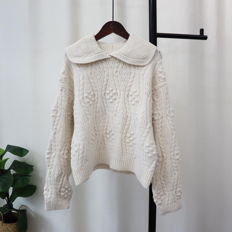 Autumn and Winter New Retro Lapel Three-dimensional Knitted Sweater Top Loose Soft Waxy High-end Sweater Pullover Woman