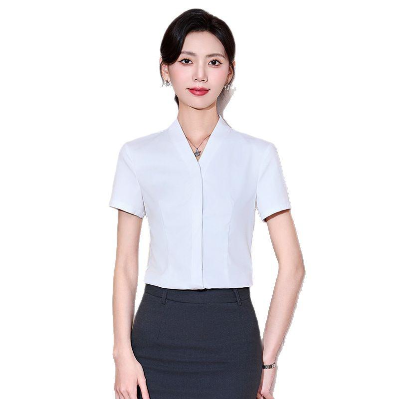 Women's V-Neck Short-Sleeve White Chiffon Shirt - Summer Formal Base Layer