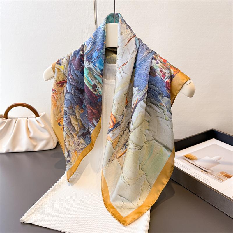 New Oil Painting Print Shawl Square Scarf For Women Wraps Neckerchief Female Hair Bands Ribbon Headband Bandana