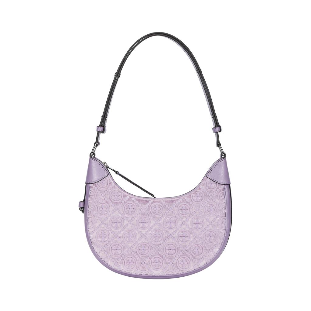 Tory Burch T Monogram Metallic Hardware Signature Pattern Crescent Bag Women handbags Light-Purple 162023-500