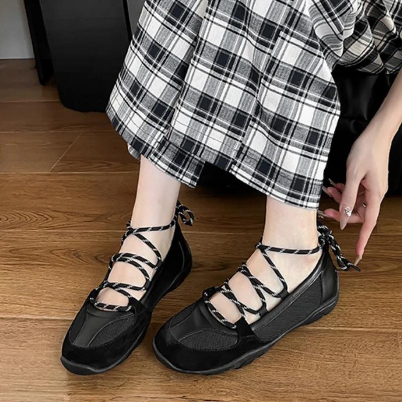 Designer Flat Heel Casual Single Shoes Women All Match Cross Tied Ballet Shoes Outdoor Runway Breathable Mary Janes Female Ins