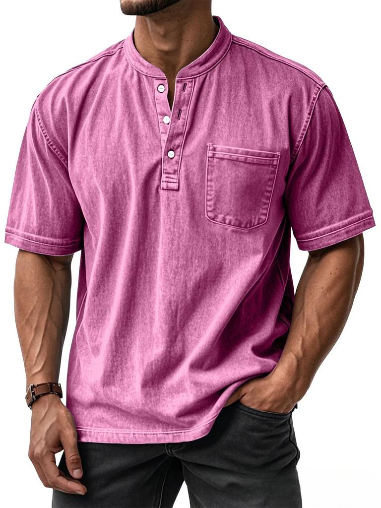 Men's Light Blue Short Sleeve Henley Shirt with Chest Pocket