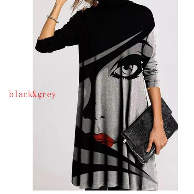 Vintage Zimní Rolákový Svetr Šaty Ženy Elegantní Patchwork Dlouhý Rukáv Volné Ležérní Teplé Vestidos Dámský Potisk
