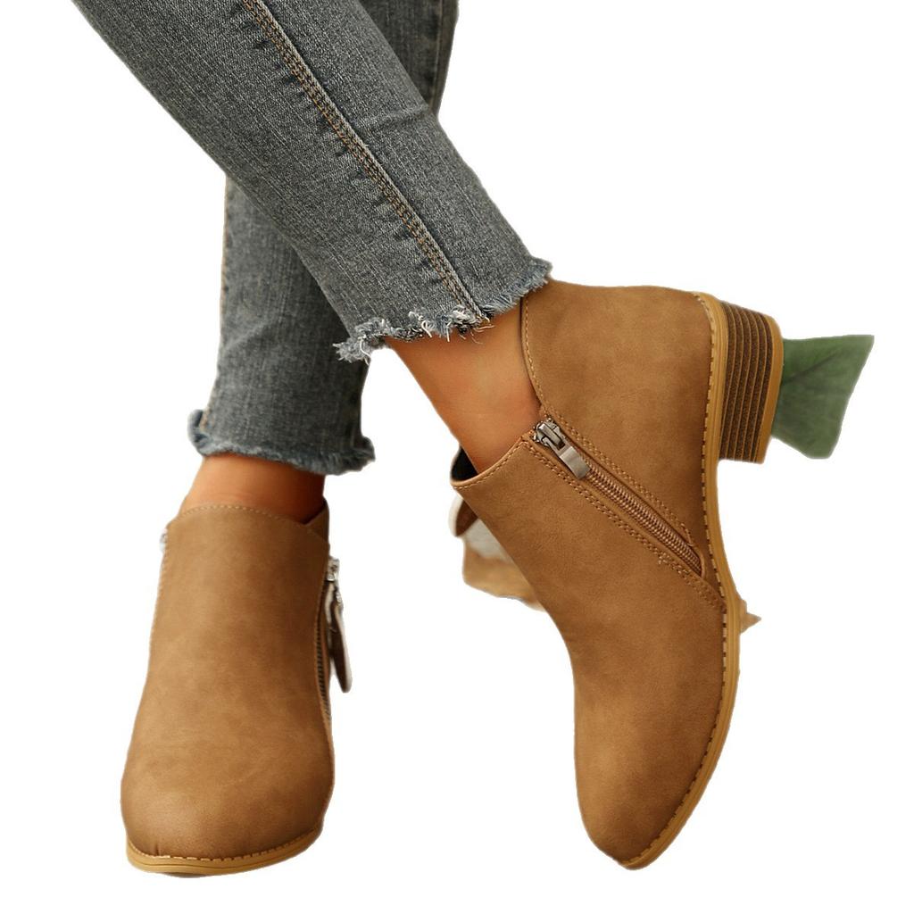 Four seasons shoes British style solid color casual zipper low heel thick heel short boots