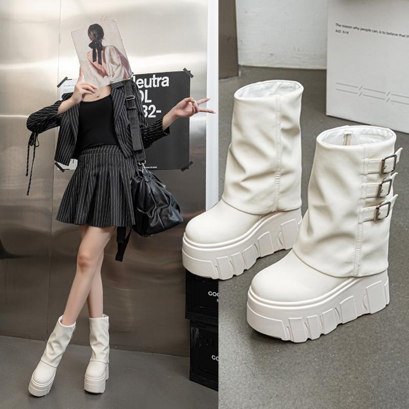 Kalhotové kozačky Dámské Podzim Zima Tenký Fleece Dámské Kotníkové Boty Vysoký Podpatek Platforma Přezka s Páskem Trend Dámské Kozačky