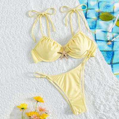 Light Yellow Metal Starfish Bikini Push Up Swimwear Micro Thong Sexy Swimsuit Women Lace-up Straps Bathing Suit Bikinis Set