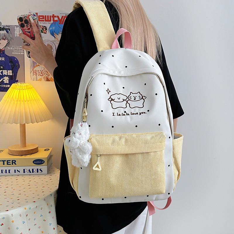 Soft Girl Dot Pattern Nylon Backpack With Cartoon Puppy And Polka Dot Print Designfor Teens And Adults