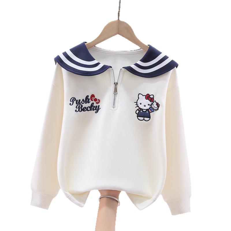 Girls' Sailor Collar Cartoon Sweatshirt - Seasonal Casual Top for Fall and Winter